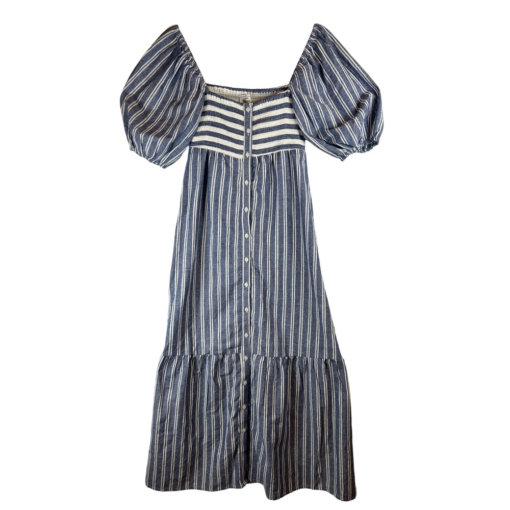 Emerson Fry Love Tomas Blue White Striped Smocked Puffโ Sleeve Maxi Dress Medium